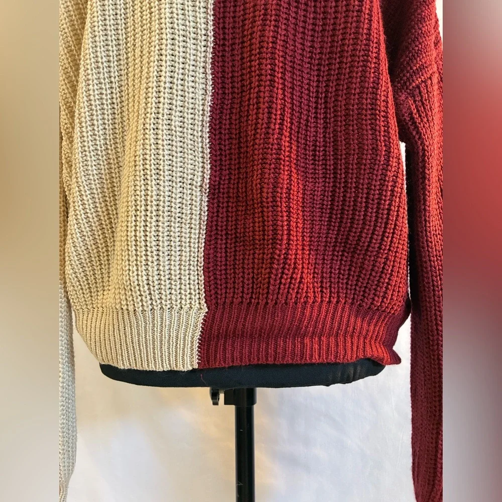 Beige/maroon color block V neck long sleeves loose knit pullover sweater XXL 19